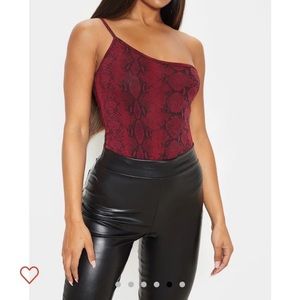 Burgundy One Shoulder Snakeskin Bodysuit